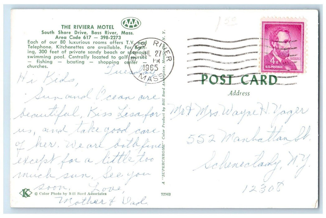 1965 The Riviera Motel And Swimming Pool Bass River Massachusetts MA Postcard