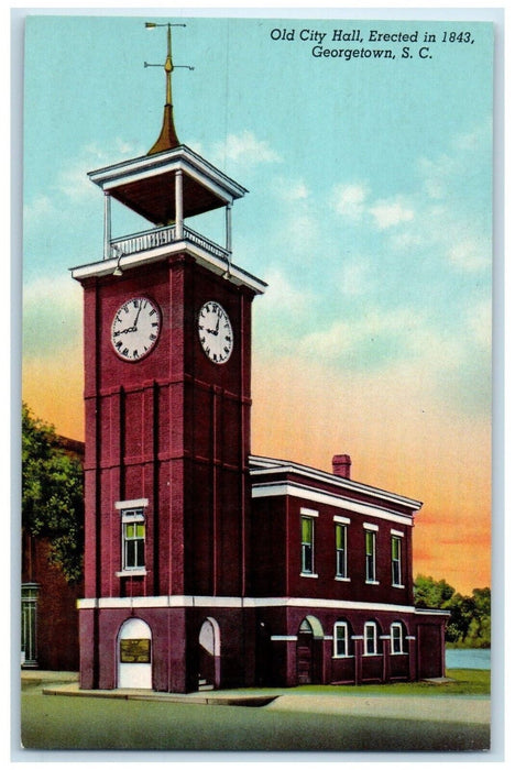 c1930's Old City Hall Building Tower Clock Georgetown South Carolina SC Postcard