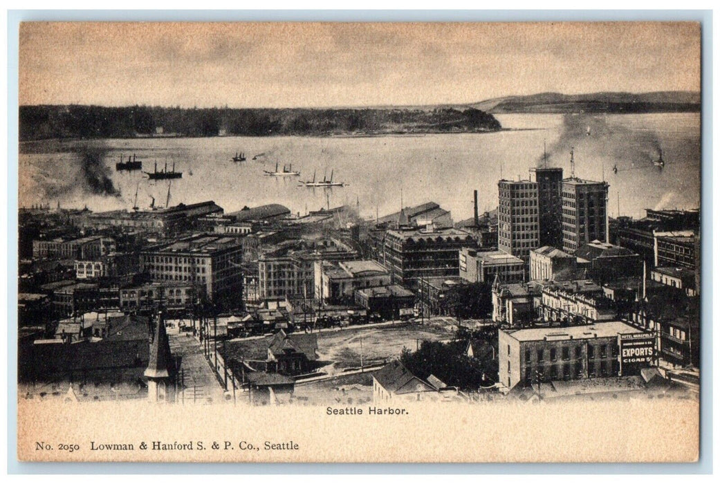 1905 Birds Eye View Steamer Ship Buildings Seattle Harbor Washington WA Postcard