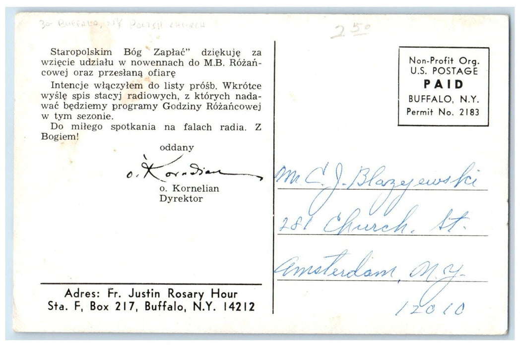 c1910's Polish Church Fr. Justin Rosary Hour Buffalo New York NY Posted Postcard