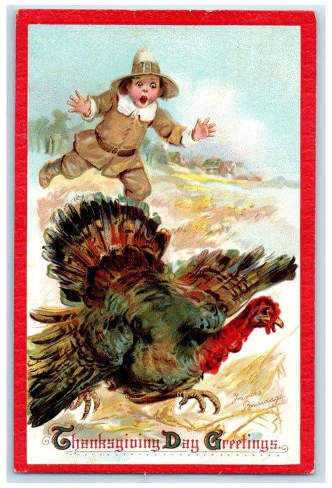 c1910's Thanksgiving Greetings Boy Chasing Turkey Embossed Antique Postcard