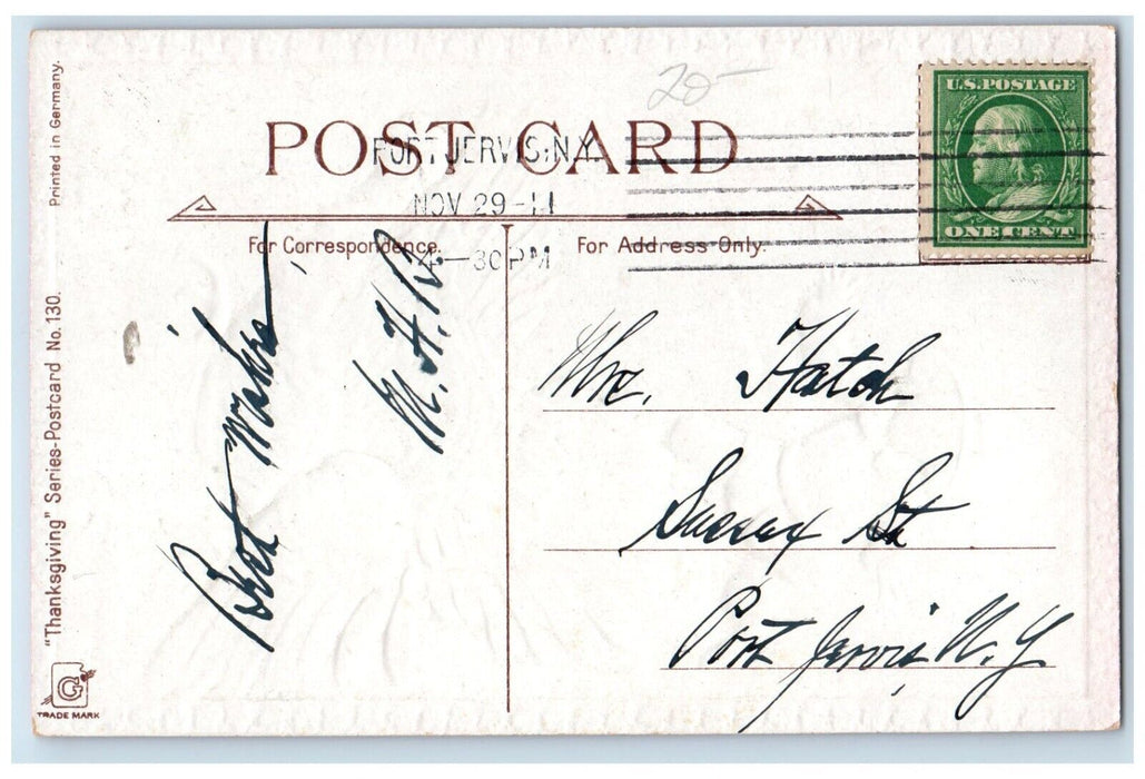 c1910's Thanksgiving Greetings Boy Chasing Turkey Embossed Antique Postcard