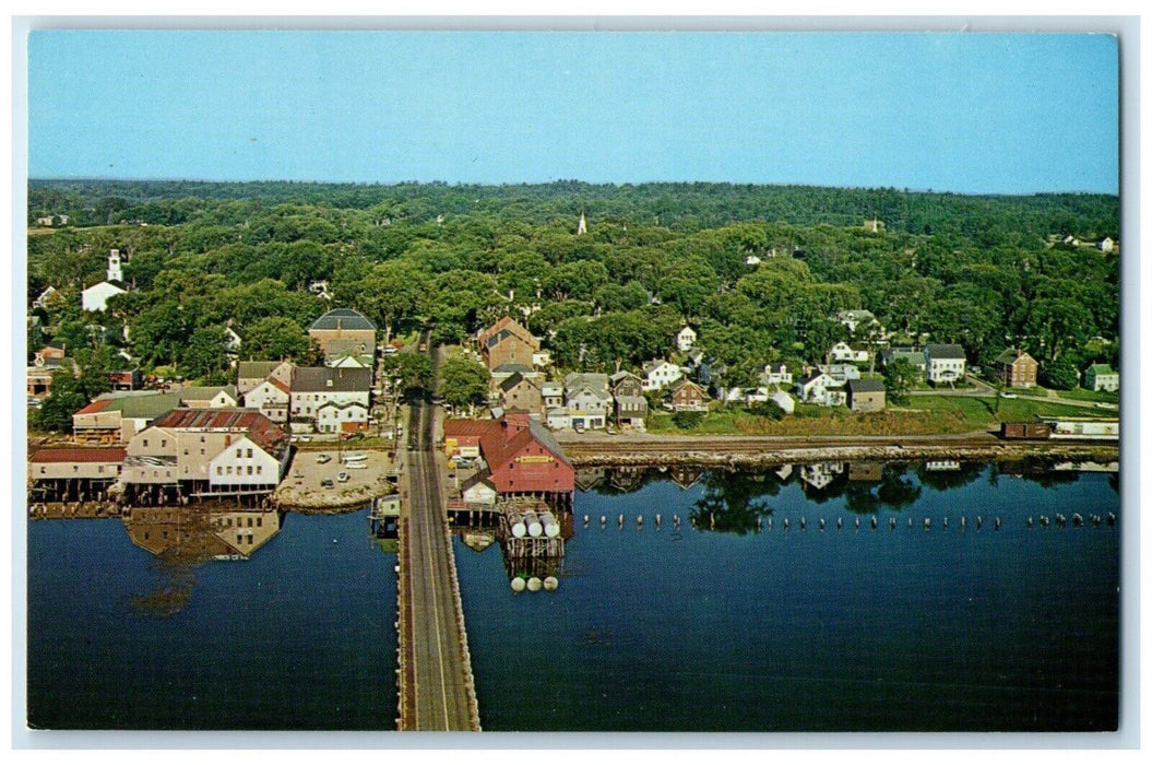 c1960 Aerial View Picturesque Village Waterfront Bridge Wiscasset Maine Postcard