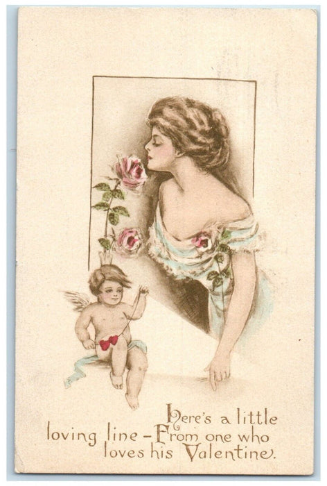 1911 Valentine Pretty Woman Cupid Angel Hearts Flowers Walla Walla WA Postcard