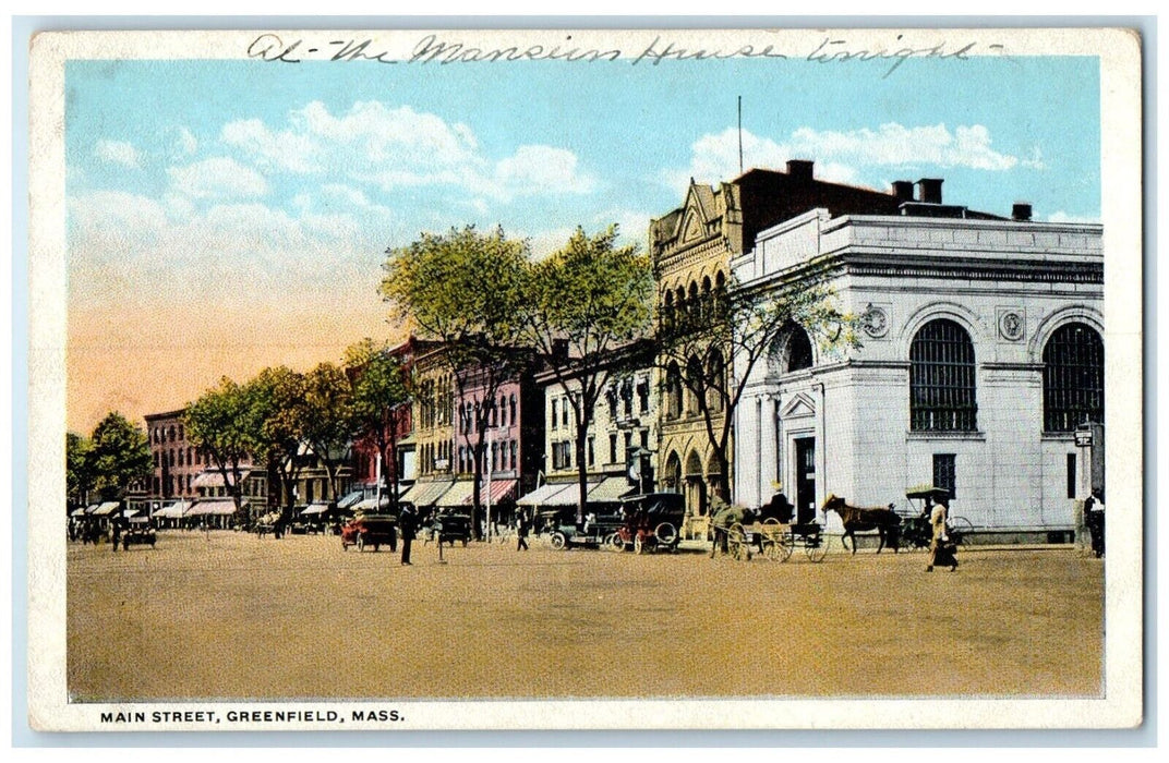 c1920 Busy Day Main Street Buildings Road Greenfield Massachusetts MA Postcard