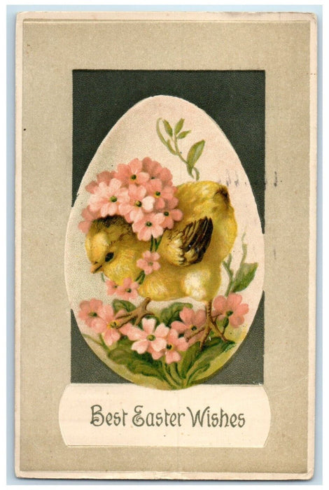 1914 Easter Wishes Egg Chick And Flowers Embossed New York NY Antique Postcard