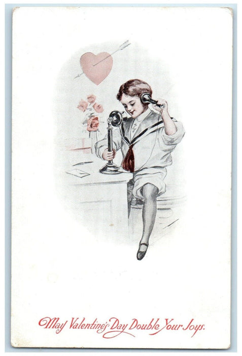 c1910's Valentine Boy Telephone Heart And Flowers Posted Antique Postcard