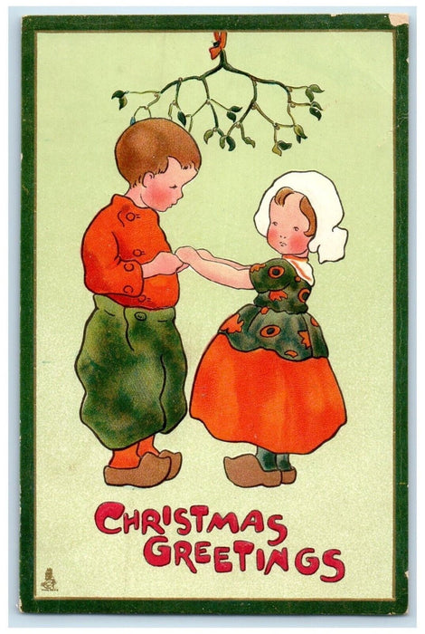 c1910's Christmas Greetings Dutch Kids Dancing Tuck's Posted Antique Postcard