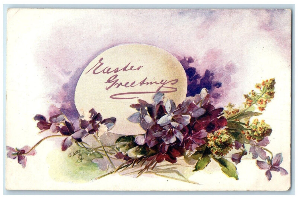 c1910s Easter Greetings Egg And Flowers Embossed Oilette Tuck's Antique Postcard
