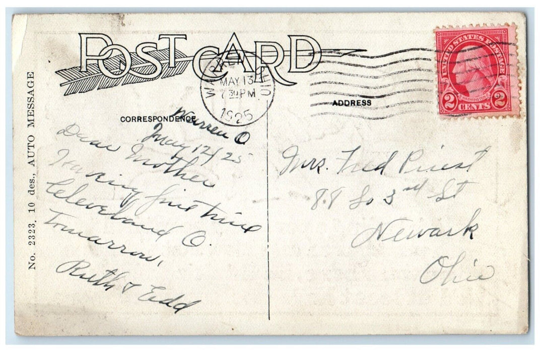 1925 Woman Broken Tire Car Warren Ohio OH Posted Vintage Postcard