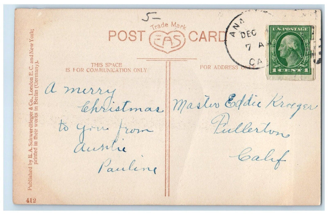 c1910's Christmas Girl Angel Mistletoe Fullerton California CA Antique Postcard
