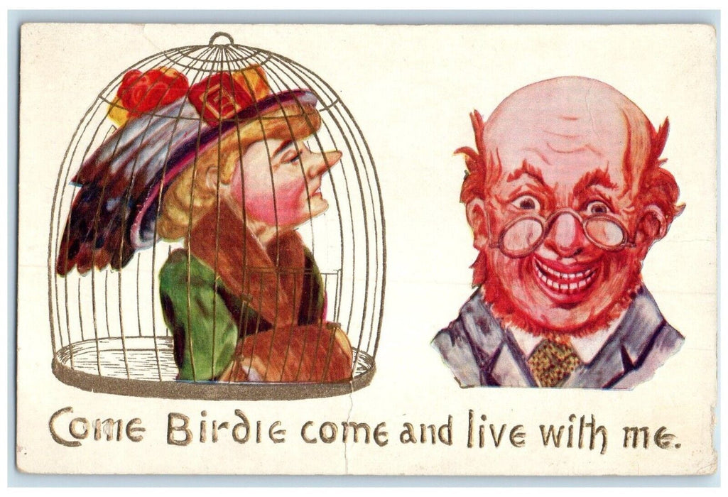 c1910's Woman In Cage Come Birdie Come And Live With Me Embossed Posted Postcard
