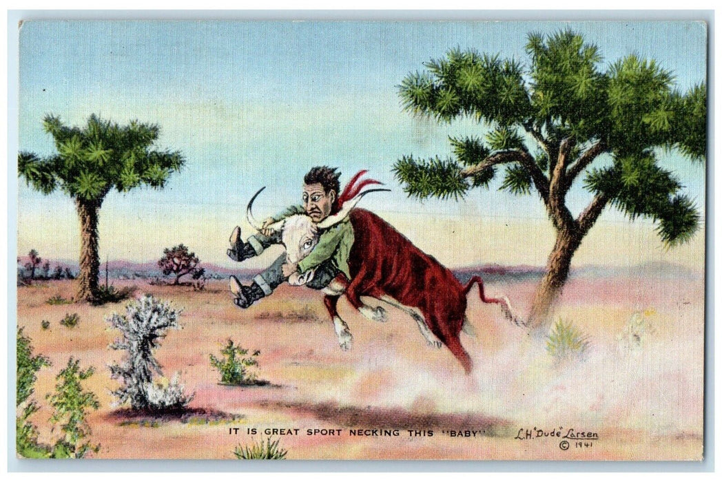 1941 Man And Bull Fighting LH Larsen Quemado New Mexico NM Vintage Postcard