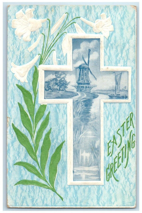 c1910's Easter Greetings Holy Cross Flowers Embossed Carthage IL Posted Postcard