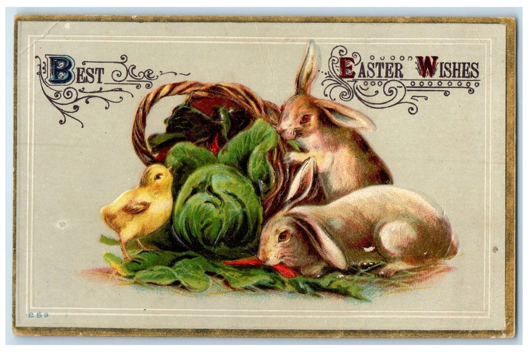 c1910's Easter Wishes Bunny Rabbit Chick Eating Veggies Embossed Posted Postcard