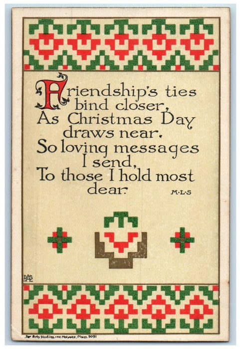 c1905 Christmas Friendship Ties Patchwork Quiltwork Unposted Antique Postcard