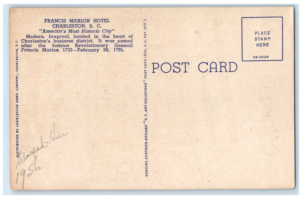 c1940's Francis Marion Hotel Charleston South Carolina SC Vintage Postcard
