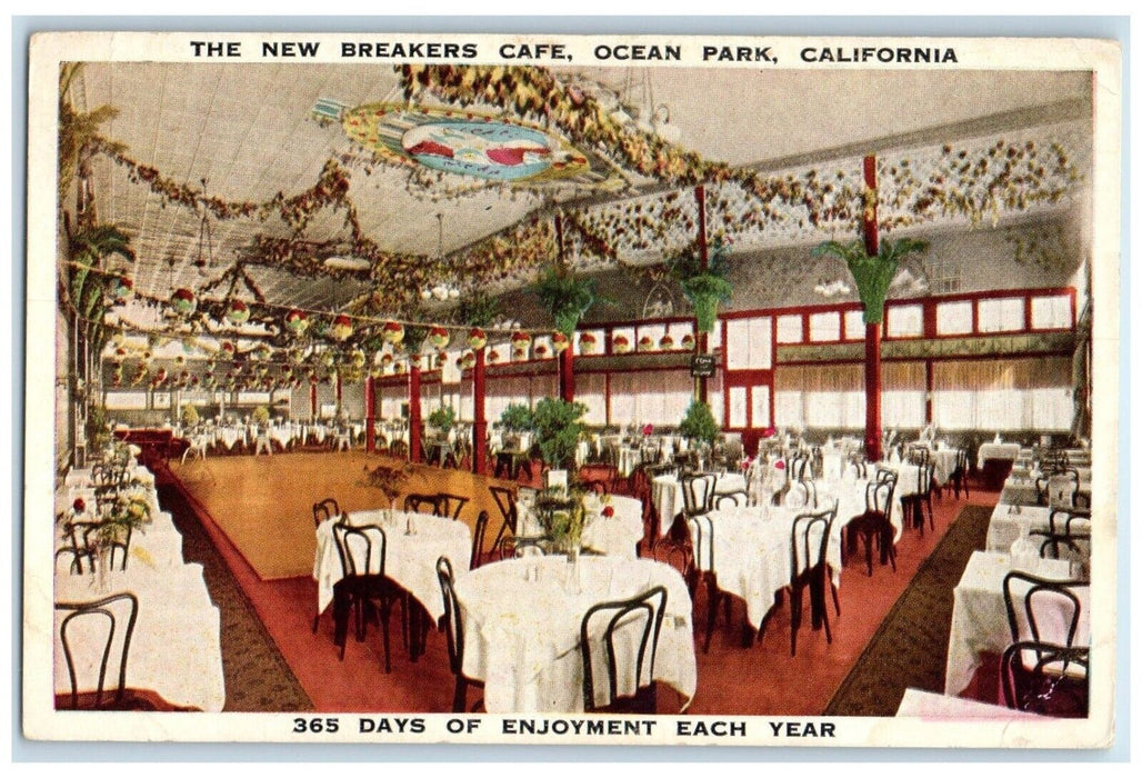 The New Breakers Cafe Dining Room Ocean Park California CA Vintage Postcard