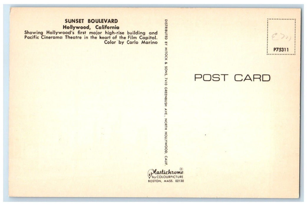 c1950's Sunset Boulevard Grand Prix Cars Hollywood California CA Postcard