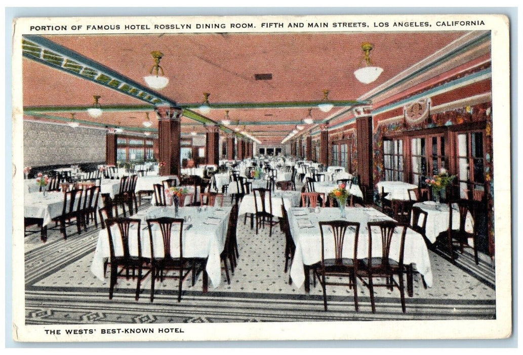 1932 Hotel Rosslyn Dining Room Interior Los Angeles California CA PostedPostcard