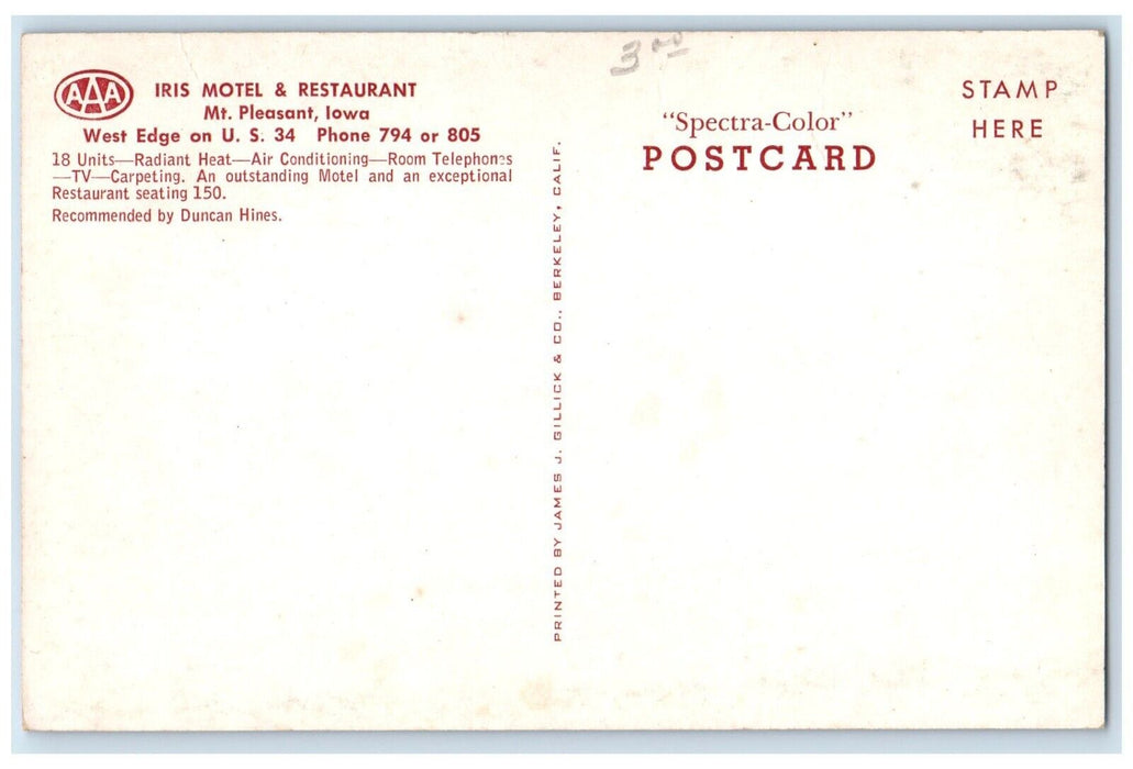 c1950's Iris Motel & Restaurant Roadside Mt. Pleasant Iowa IA Vintage Postcard