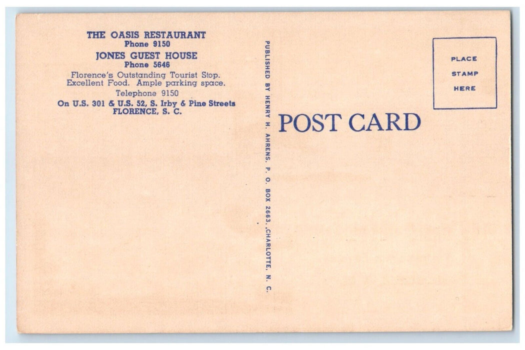 c1930's The Oasis Restaurant Florence South Carolina SC Dual View Postcard