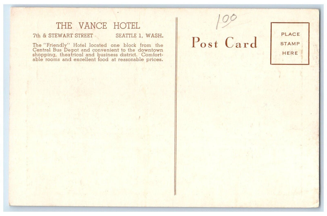 c1930's Vance Hotel Building Street View Seattle Washington WA Vintage Postcard