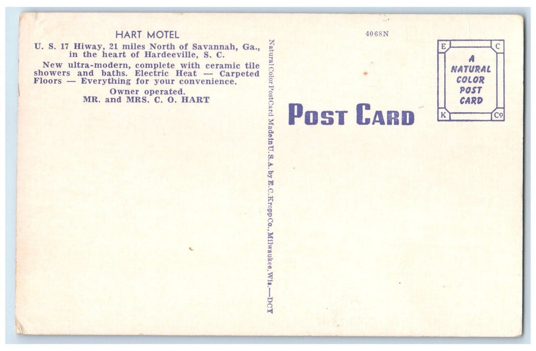 c1950's Hart Motel Roadside Hardeeville South Carolina SC Vintage Postcard