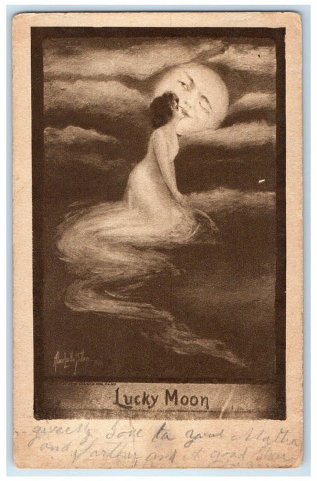 1909 Pretty Woman Kissing Lucky Moon Anthropomorphic Bridgewater MA Postcard