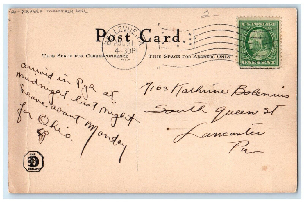1910 Ranger Military Girl Handpainted Bellevue Pennsylvania PA Antique Postcard