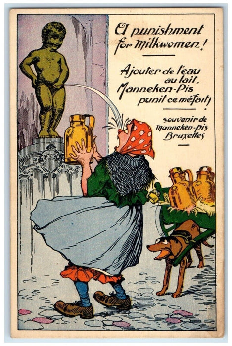c1910's Milkwoman Punishment Manneken Pis Statue Humor Belgium Antique Postcard