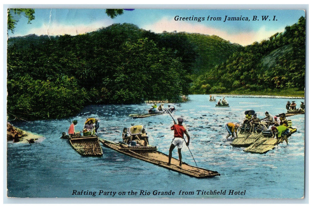 c1950's Rafting Party at Rio Grande Greetings from Jamaica BWI Postcard