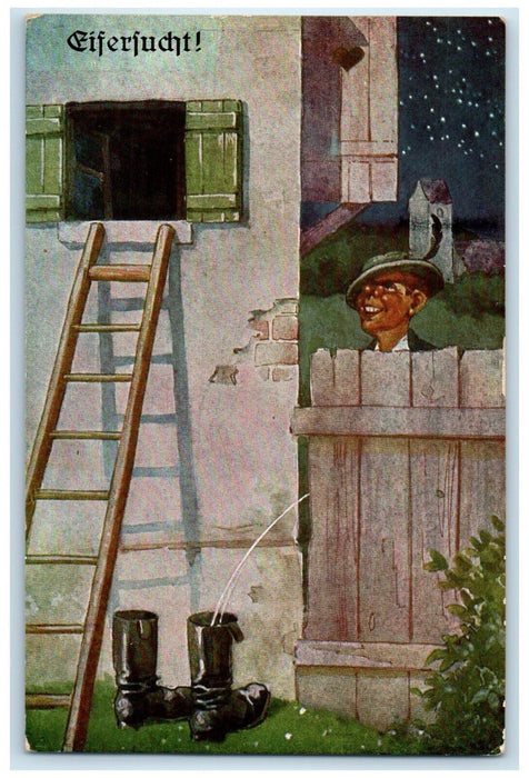 c1910's Man Peeing Ladder Window Jealousy Germany Unposted Antique Postcard