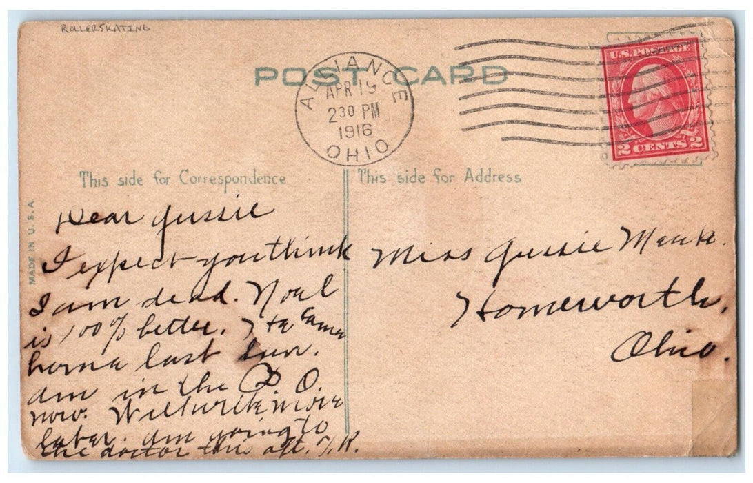 1916 Dutch Children Roller Skating Alliance Ohio OH Posted Antique Postcard