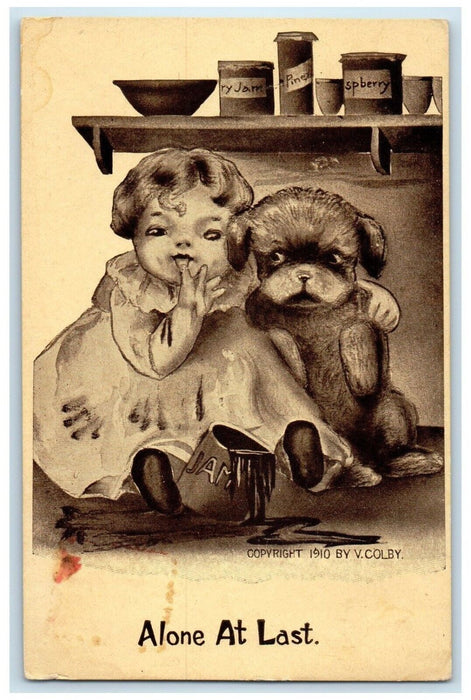 c1910's Little Girl And Dog Eating Jam Alone At Last Posted Antique Postcard