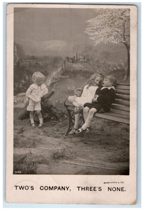 Little Children Sat On Bench Two's Company Three's None RPPC Photo Postcard