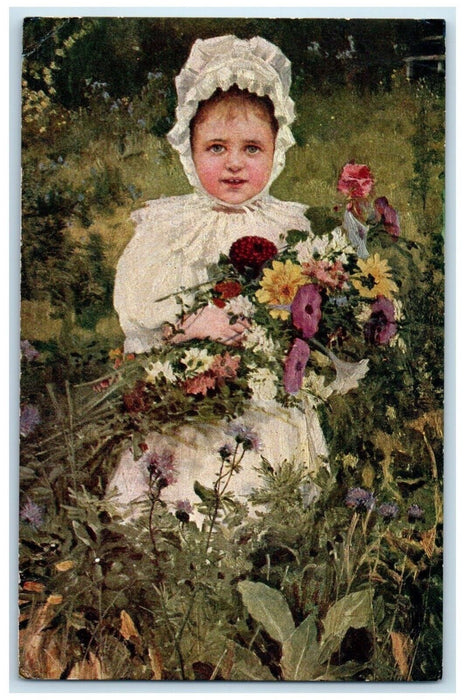 1909 Girl Harvested Flowers Fenton Michigan MI Posted Antique Postcard