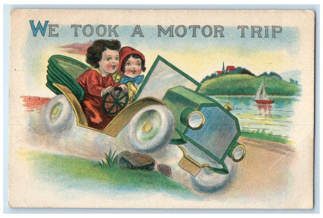 c1910's Girls Riding Car We Took A Motor Trip Fair Water Wisconsin WI Postcard