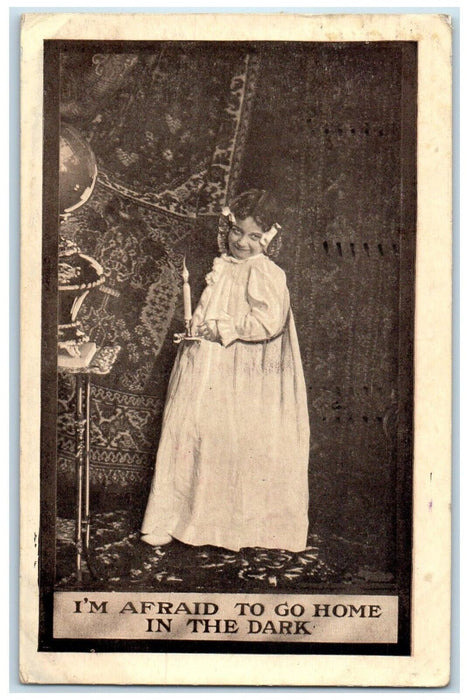 1910 Girl With Candle I'm Afraid To Go Home Houston Texas TX Antique Postcard