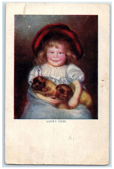 c1910's Cute Little Girl Holding Cute Lucky Dogs Unposted Antique Postcard