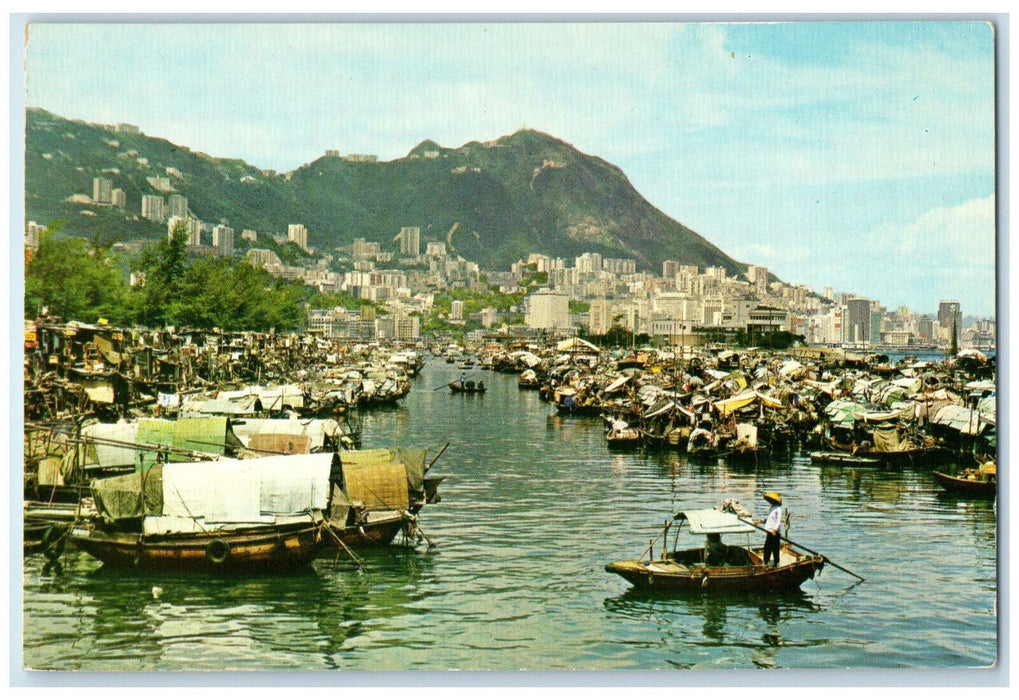c1950's Boat People in Causeway Bay Typhoon Shelter Hong Kong Postcard