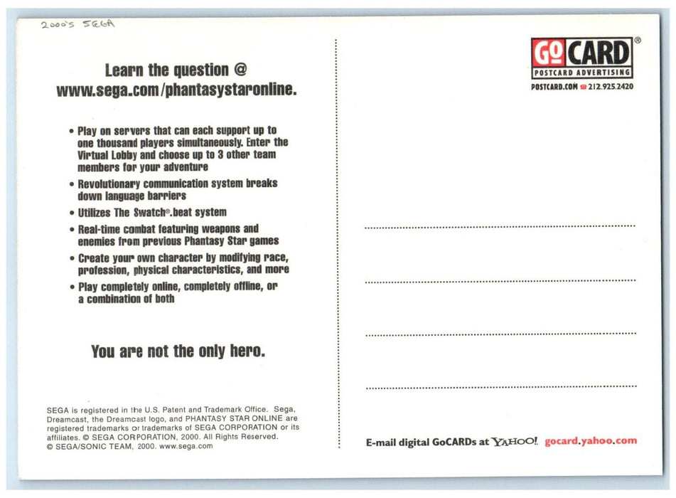 Phantasy Star Online 2000's Sega Dreamcast Advertising Unposted Vintage Postcard