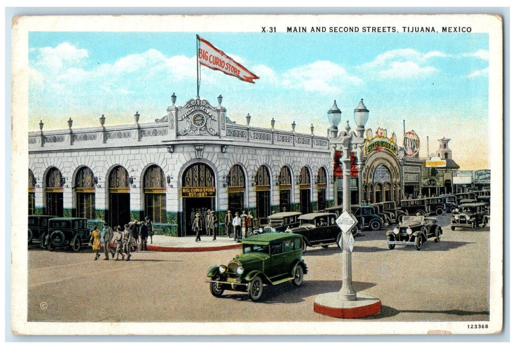 c1920's Main and Second Streets Big Curio Store Tijuana Mexico Postcard