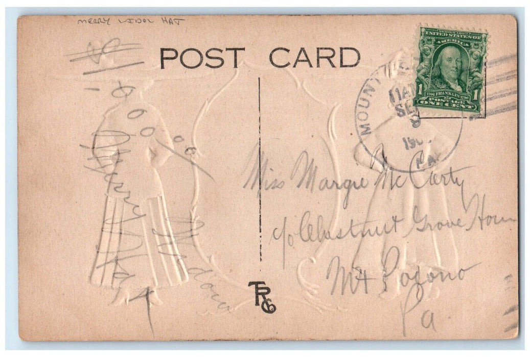 1909 Woman Merry Widow Hat Embossed Mount Pocono Pennsylvania PA Posted Postcard