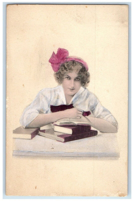 1912 Pretty Woman Curly Hair Reading Books Lancaster Pennsylvania PA Postcard