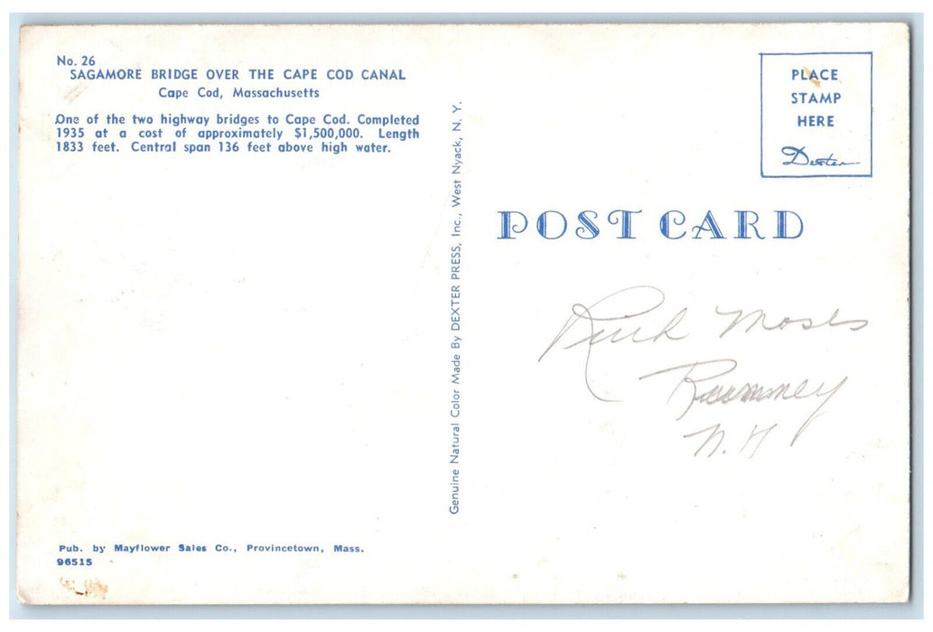 c1960 Sagamore Bridge Over Cape Cod Canal Massachusetts Vintage Antique Postcard
