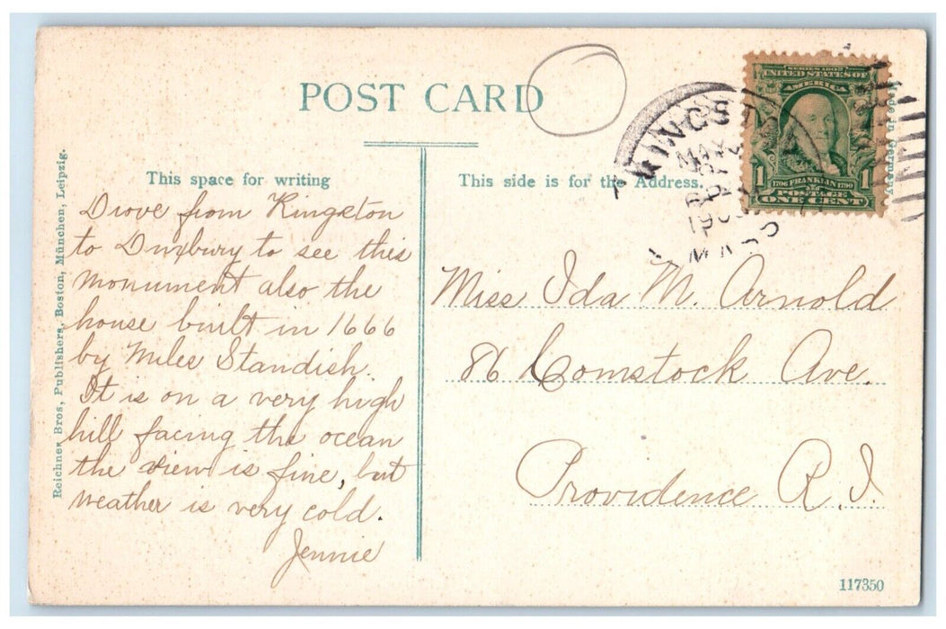 1907 Myles Standish Monument Exterior Tower Field Duxbury Massachusetts Postcard