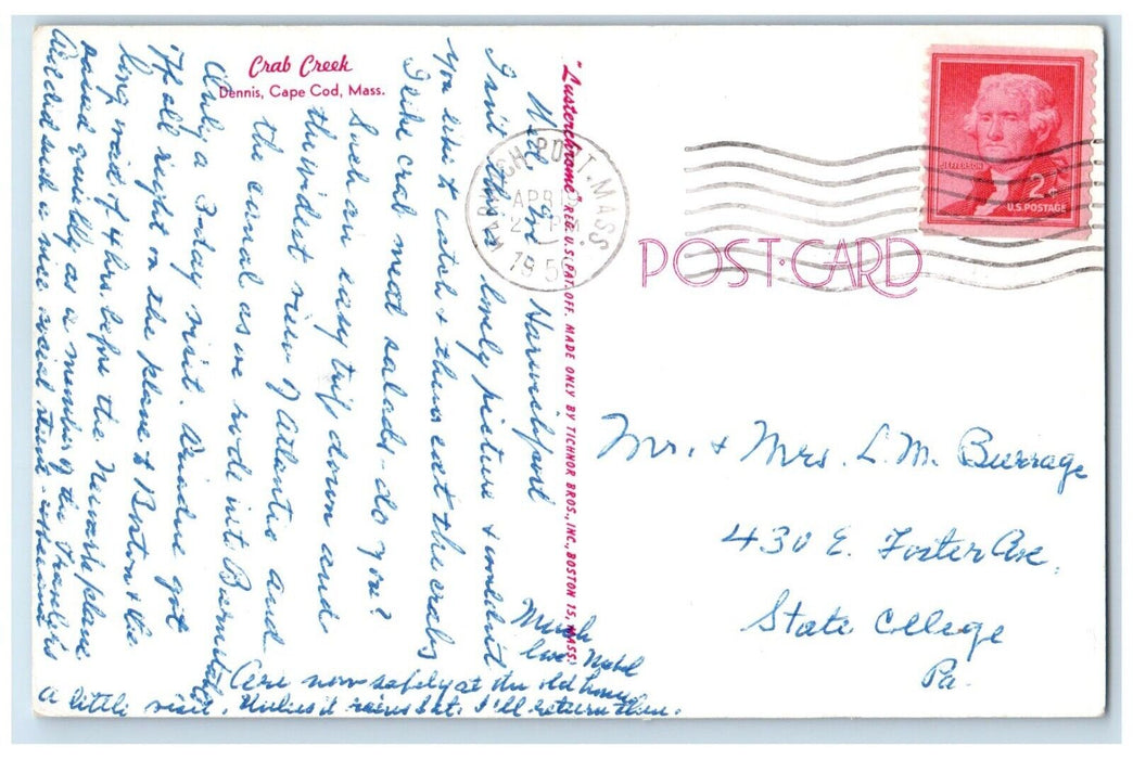 1956 Crab Creek Dennis River Cape Cod Massachusetts MA Vintage Antique Postcard
