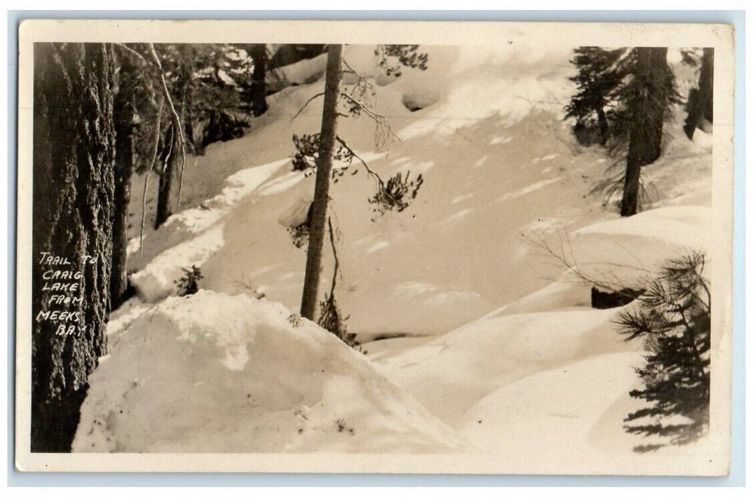 1933 Trail To Crag Lake From Meeks Bay Snow California CA RPPC Photo Postcard