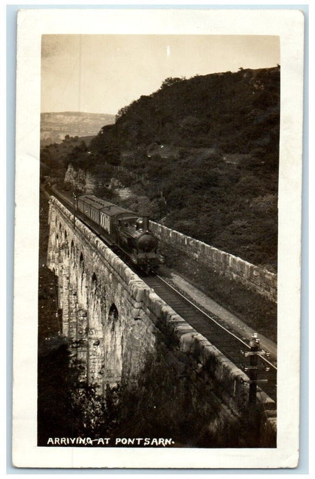 1913 Railroad Train Arriving At Ponstsarn Wales England RPPC Photo Postcard
